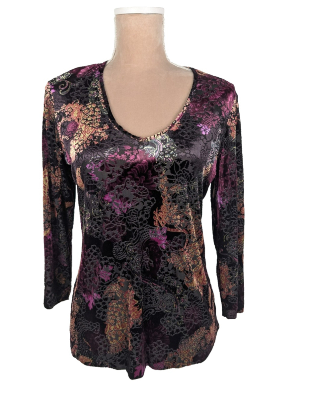 Chico's Velvet Burnout Floral Top Shirt Size 1 M Iridescent Whimsigoth Y2K